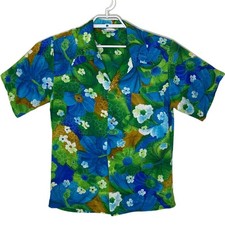 Vtg HAWAIIAN Button Up Shirt Men's M 60's 70s Green Blue Aloha Flower Hibiscus
