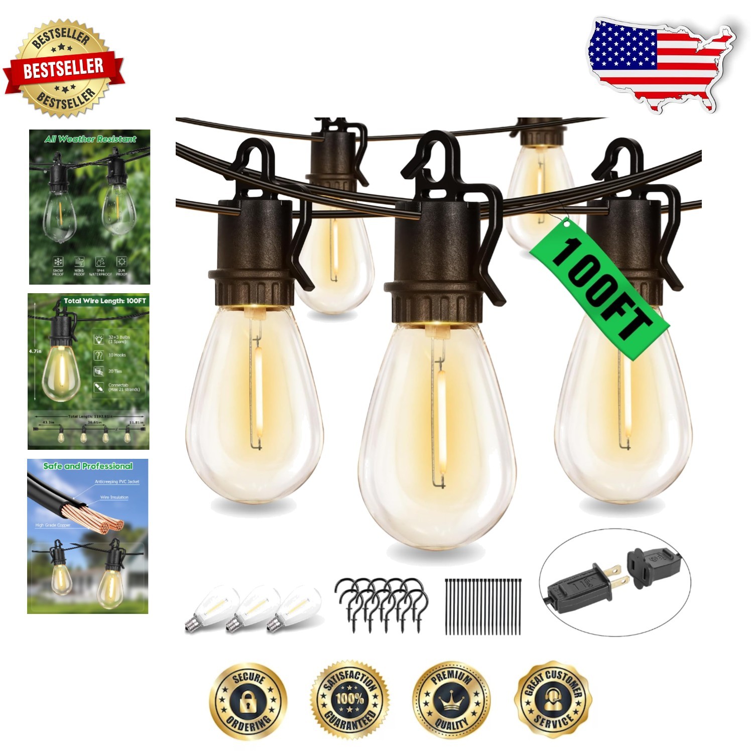 100FT Shatterproof LED Patio String Lights - Illuminate Your Outdoor Gatherings