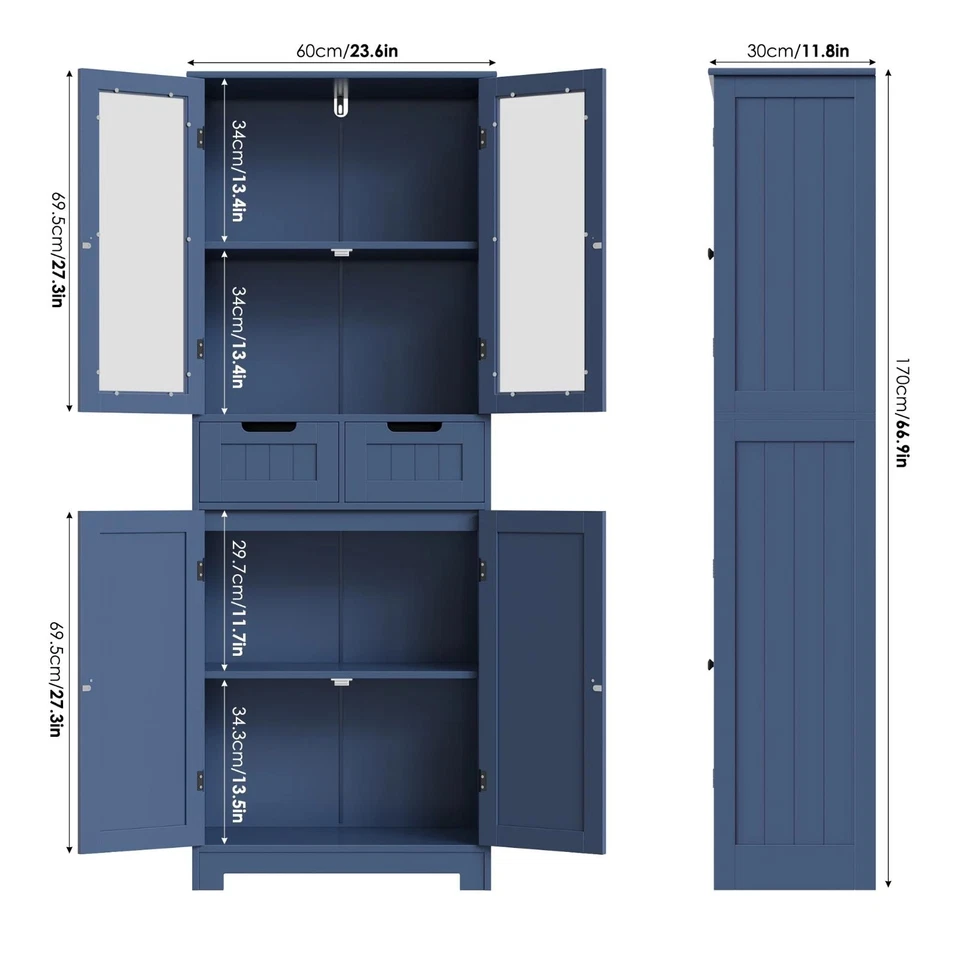 Armario de almacenamiento de cocina de baño de 3 niveles de altura con 4 puertas de vidrio 2 cajones Foto 4 de 4
