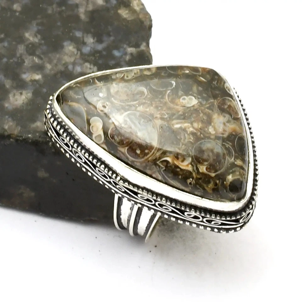 Turtella Jaspis Edelstein Ethno Antik Design Ring Schmuck US Größe - 8,5 AR 33542