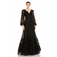 Mac Duggal 20430 Black Beaded Lace Gown | Long Sleeve Formal Evening Dress NWT