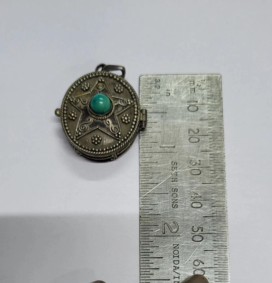 Natürlich Türkis Edelstein 3.6cm Vintage 925 Silber Offen Kiste Anhänger - Bild 2 von 4
