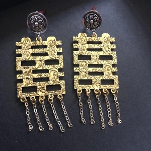 Authentic Chinese Bridal Double Happiness Stud Earrings Gold Plated Hanfu Qipao Accessory