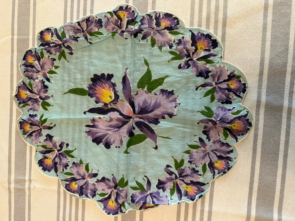 Pañuelo Vintage Redondo Transparente Borde Vieira Flores Púrpura Floral 11" Foto 4 de 4