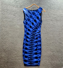 Queenspark Womens Midi Bodycon Dress Size m Blue Black Sretch Sleeveless