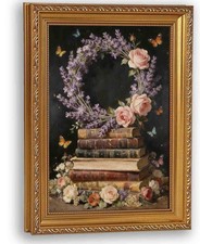 Vintage Floral Wreath  Books Canvas Wall Art - 9x11 Inch Gold Framed Cottage...