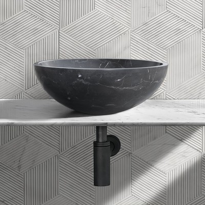 Luxury Dark Grey Natural Marble Vessel Sink , 15.8'' Round Matte Finish Stone B