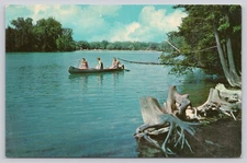 Vintage Photochrome Postcard Canoeing Scene by Tichnor Bros Boston