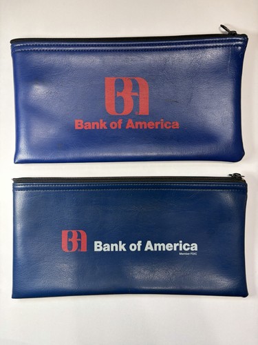 (2) Blue BANK OF AMERICA Zippered Bank Deposit Money Bag Pouch