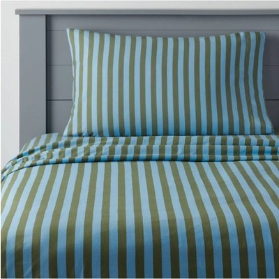 Pillowfort Twin Striped Kids Cotton Sheet Set Blue Green 3 Piece Bedding