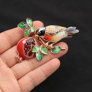 Authentic Bird & Pomegranate Enamel Brooch Pin, Gold Plated Lapel Badge