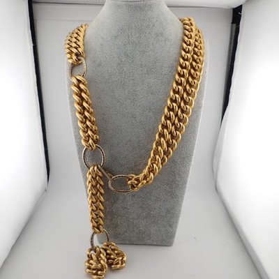 Vintage 1970's Chunky Ribbed 2 Row 32'' or 36'' Chain Gold Tone Belt Necklace