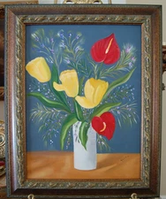 LARGE FRAMED ORIGINAL OIL PAINTING TULIPS & ANTHURIUMS FLOWERS ARTIST: MARGIE P