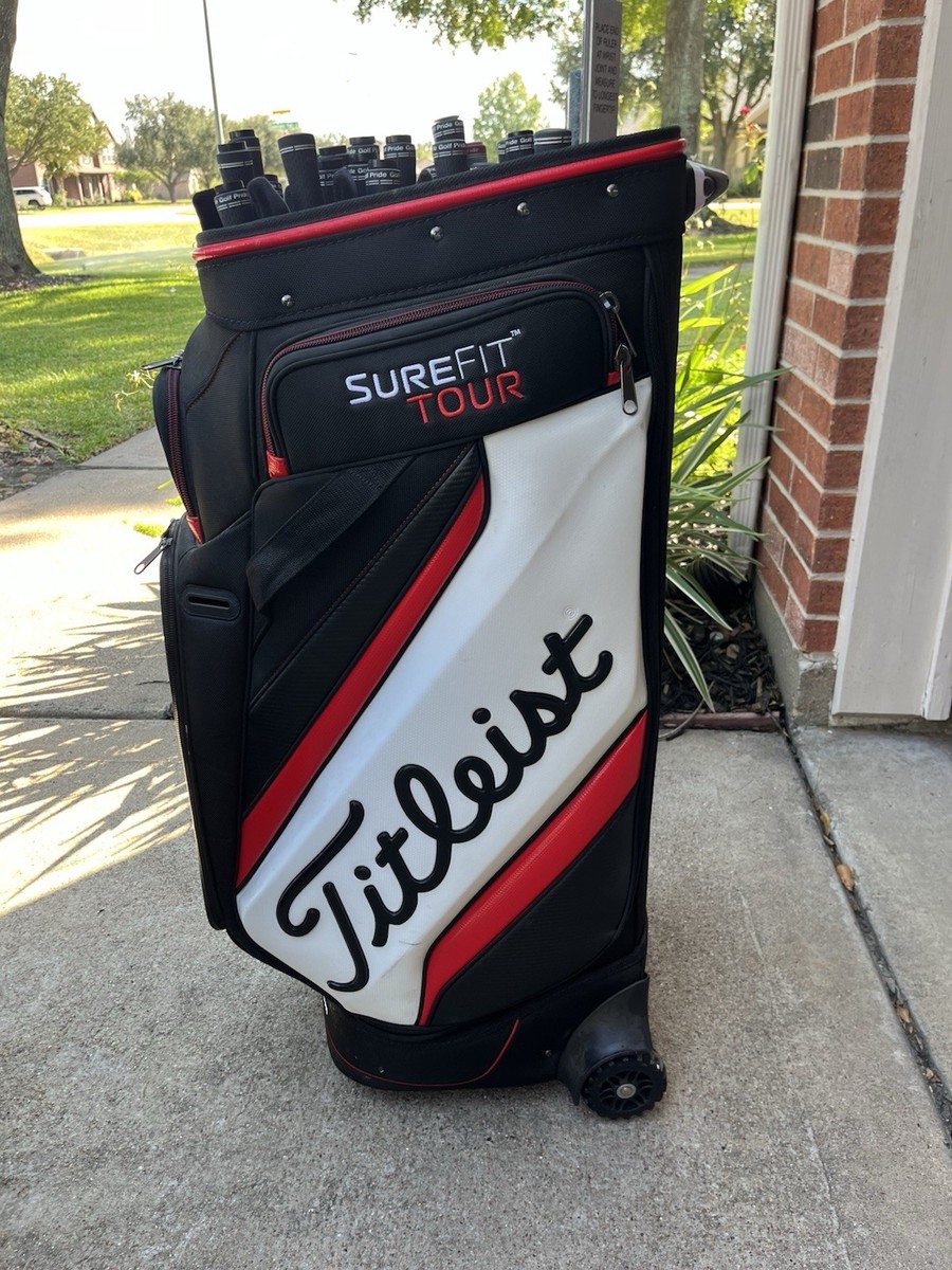 Titleist SureFit Tour Golf Bag Black White Red Wheels Divider