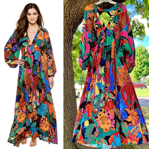 ⭐Farm Rio Black Cool Leopard Maxi Back Cutout V Neck L/S Dress Blogger Fav  Sz M 196198002831 | eBay