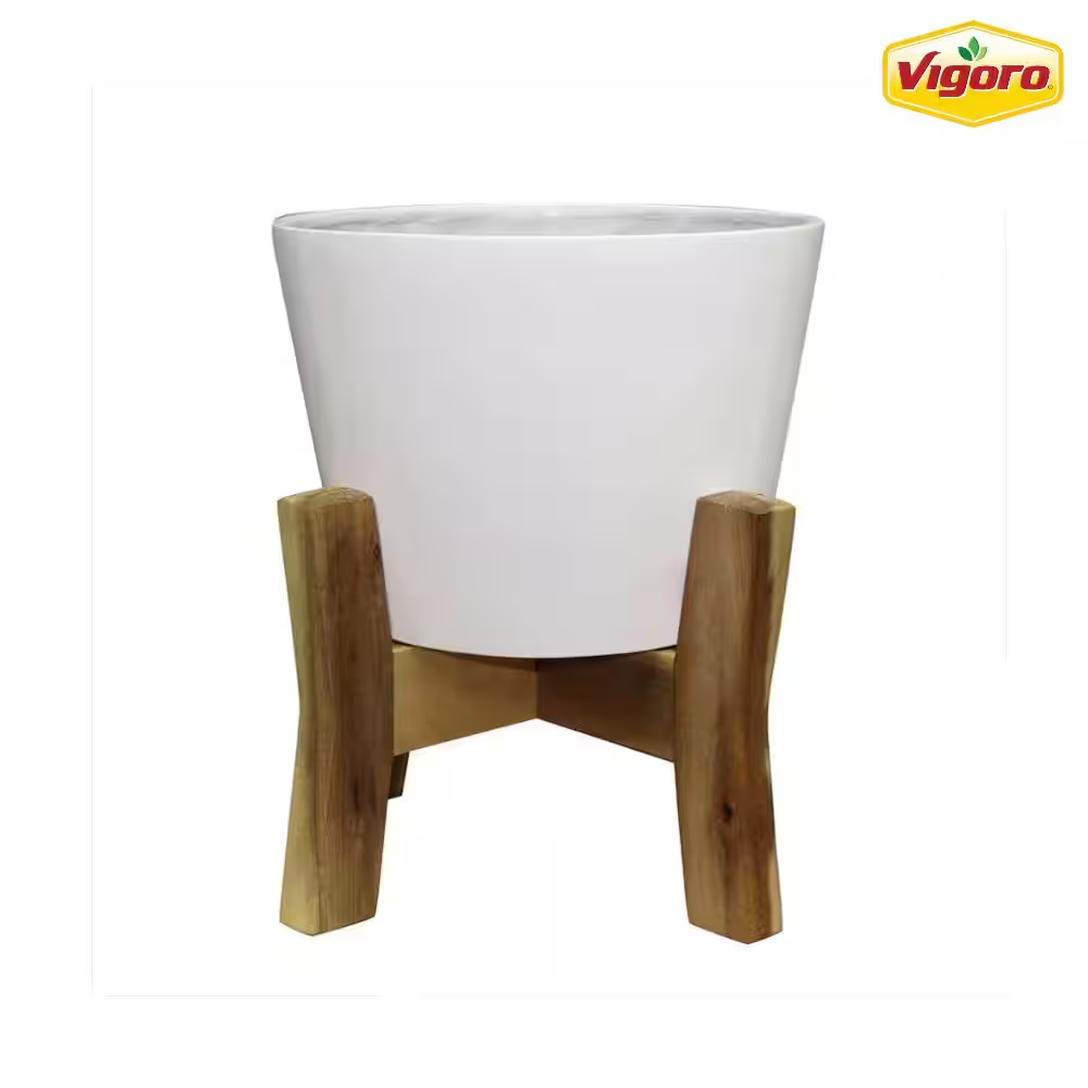 16 In. Shevlin Large White Resin Planter (16 In. W X 19.9 In. L) with Wood Stand