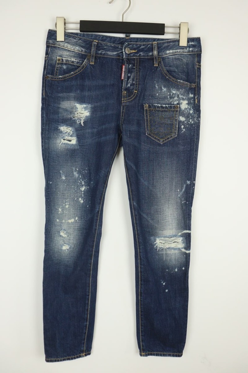DSQUARED2 Blue Wash Denim Studs Skinny Distressed Jeans SZ 38