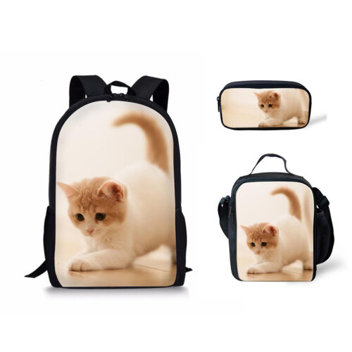 3pcs Backpack School Bag Set Cat Print Girls Women Lunchbox Pen Case Rucksack - Picture 1 of 16