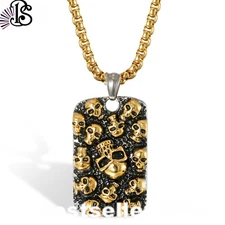 Mens Stainless Steel Gothic Gold Skull Dog Tag Pendant Necklace Biker Chain 22"