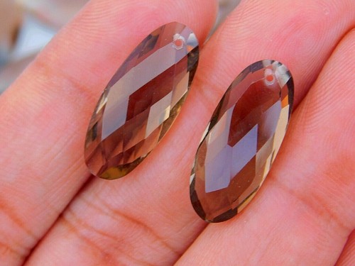 Pair Of Hydro Smoky Quartz Top Front To Back Drilled Oval Briolette Beads 25x11M - Picture 6 of 6
