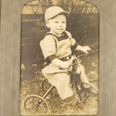 Young Boy Baby on Tricycle Trike Brick Wall William P Nash Early 1900s  Photo
