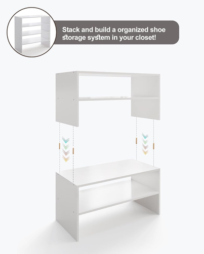 2-Tier Stackable White Shoe Rack, Wooden 2-Shelf Shoe Organizer Freestanding Sho - Picture 5 of 7