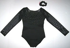 Justice Leotard Bodysuit Rhinestones Poly & Sheer Long Sleeve LS Black New Girl