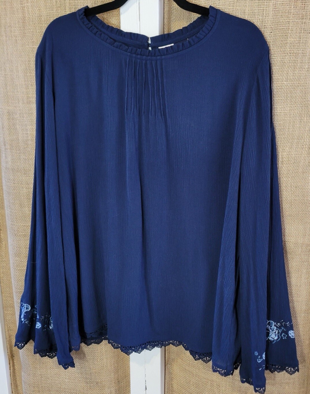 Dark Blue Boho Embroidered Long Sleeve Blouse Size 2X by Time & Tru