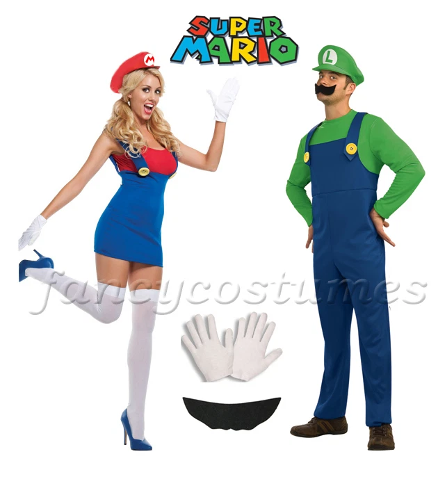 2PCs Couple Mens Super Mario Luigi and Womens Mario Plumber Fancy Dress  Costumes