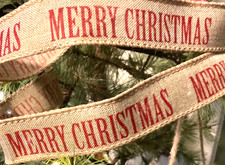 3 Yds Merry Christmas Red  Burlap Color Ribbon 1  Wired Edge Ribbon
