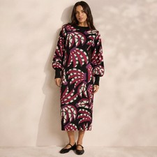 Farm Rio Banana Dot Knit Sweater Dress SZM Black Multicolor Midi Tropical
