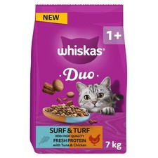 7kg Whiskas 1+ Complete Adult Dry Cat Food Duo Surf & Turf 3.48 per kilo