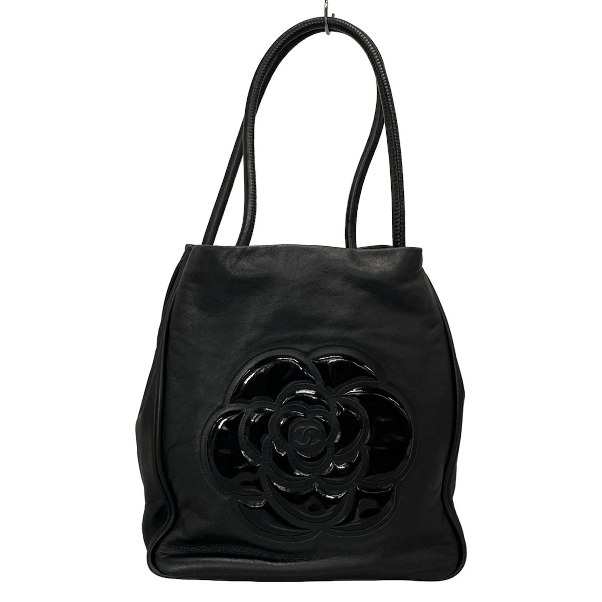 CHANEL Camellia Black Lambskin Patent Leather Tote Bag Auth