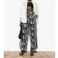 NWT Zara Straight Fit Embroidered Crop Pants in Black/White Women's S