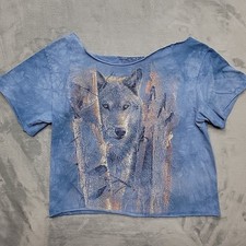 Wolf Graphic The Mountain Shirt Womens Medium Blue Tie Dye Raw Hem Made In USA