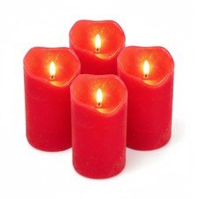 LED Echtwachs Kerzen Set mit Timer schwarzer Docht Hellrot Ø7,5x12,5 cm, 4 Stück