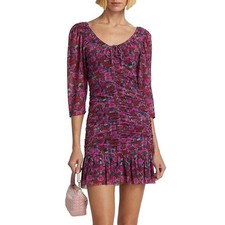 Ganni Mesh Ruched Mini Dress in Fiji Flower Print Pink Purple Size 38 US 6
