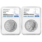 2025 $1 Morgan and Peace Silver Dollar 2pc Set NGC MS70 ER Blue Label