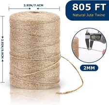 805FT Natural Jute Twine String, Bulk Hemp Jute Rope Cord Twine for Crafts Ga...