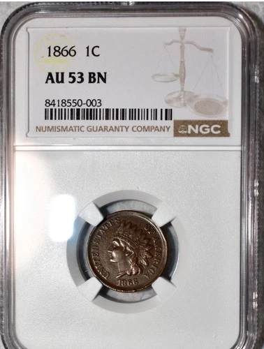 NGC AU-53 BN 1866 Indian Head Cent, Sharply-Struck, Chocolate-Brown specimen.