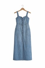 Blue Denim Midi Dress Button Front Sleeveless Sweetheart Neckline A-Line
