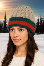 Taupe, Green and Red Unisex Winter Beanie Hat, VERY WARM, 100 Acrylic, one size