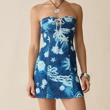 Urban Outfitters BDG Blue Denim Seashell Print Strapless Smocked Mini Dress M