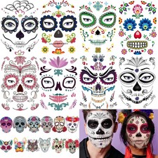 20 Sheets Day of the Dead Face Sugar Skull Tattoos,Including 8 Large Sheets H...