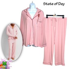 NWT State of Day Women L 2-Pc. Ribbed Notched-Collar Pajamas Set 100188374 Pink