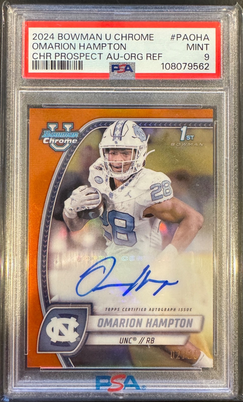 Omarion Hampton Los Angeles Chargers 2024 Bowman U Chrome Prospect Auto #PAOHA Orange Ref. /25 PSA 9 