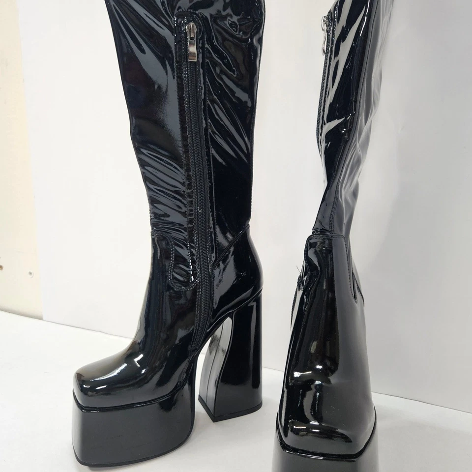 ElegaStep Black Patent Platform Chunky Heel Over The Knee Boots Women's Size 6 - Image 3 of 4