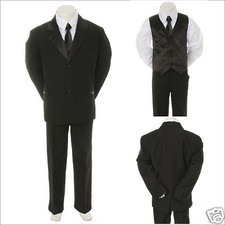 H New 5 pcs Baby Toddler Boy Black Formal Wedding Party Satin Tie Suit Tuxedo