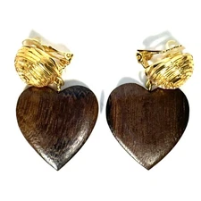 REBECCA DE RAVENEL Mini Cora Wood Heart Earrings Gold Clip Back (MSRP $215)