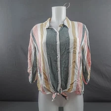 Olive and Oak Womens Top Large Gray Pink Striped Tie Front Coastal Cool Beachy